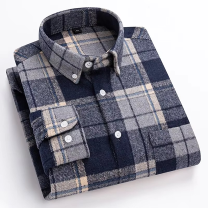 Men's plus size plaid long sleeve shirt in 7XL cotton blend featuring single chest pocket classic fit
