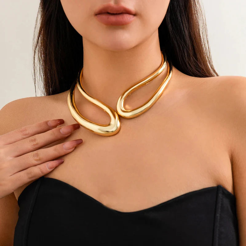 Arvella minimalist drop necklace sculptural twisted double-layer high-polish silver choker open torque