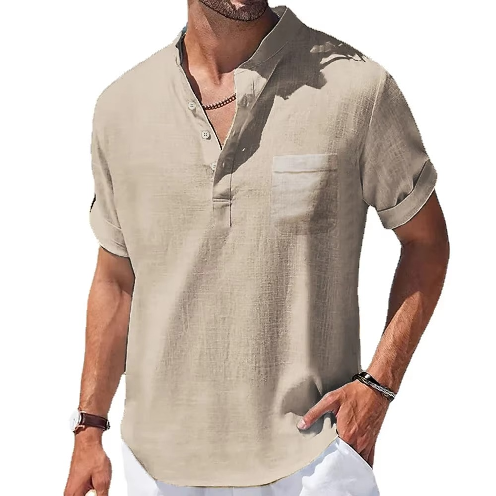 Men's navy cotton linen Henley shirt short sleeve casual lightweight breathable summer top