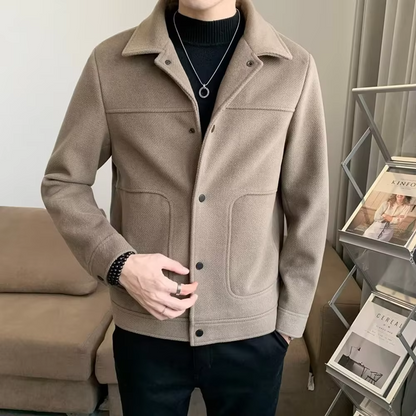 Men's slim fit wool blend short jacket in neutral tone, Korean-style cut with polished contemporary silhouette