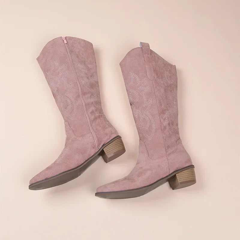 Women's mid-calf cowboy boots in suede texture with embroidered shaft and low heel Western style