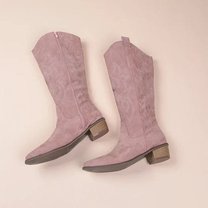 Women's mid-calf cowboy boots in suede texture with embroidered shaft and low heel Western style