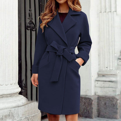 Women's camel wool blend knee-length trench coat with classic tailoring and cashmere tie belt
