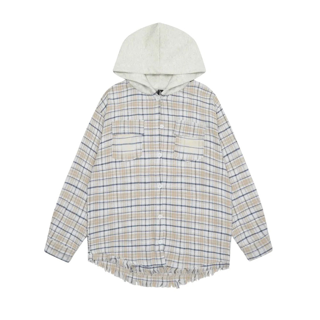 Plaid cotton hooded shirt loose fit with raw-edge detailing and high breast pocket