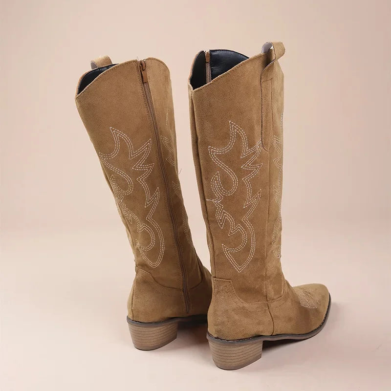 Women's mid-calf cowboy boots in suede texture with embroidered shaft and low heel western style