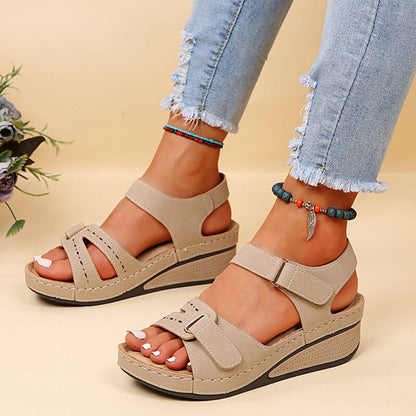 Beige lightweight comfort summer sandals with adjustable hook-and-loop closure for all-day comfort