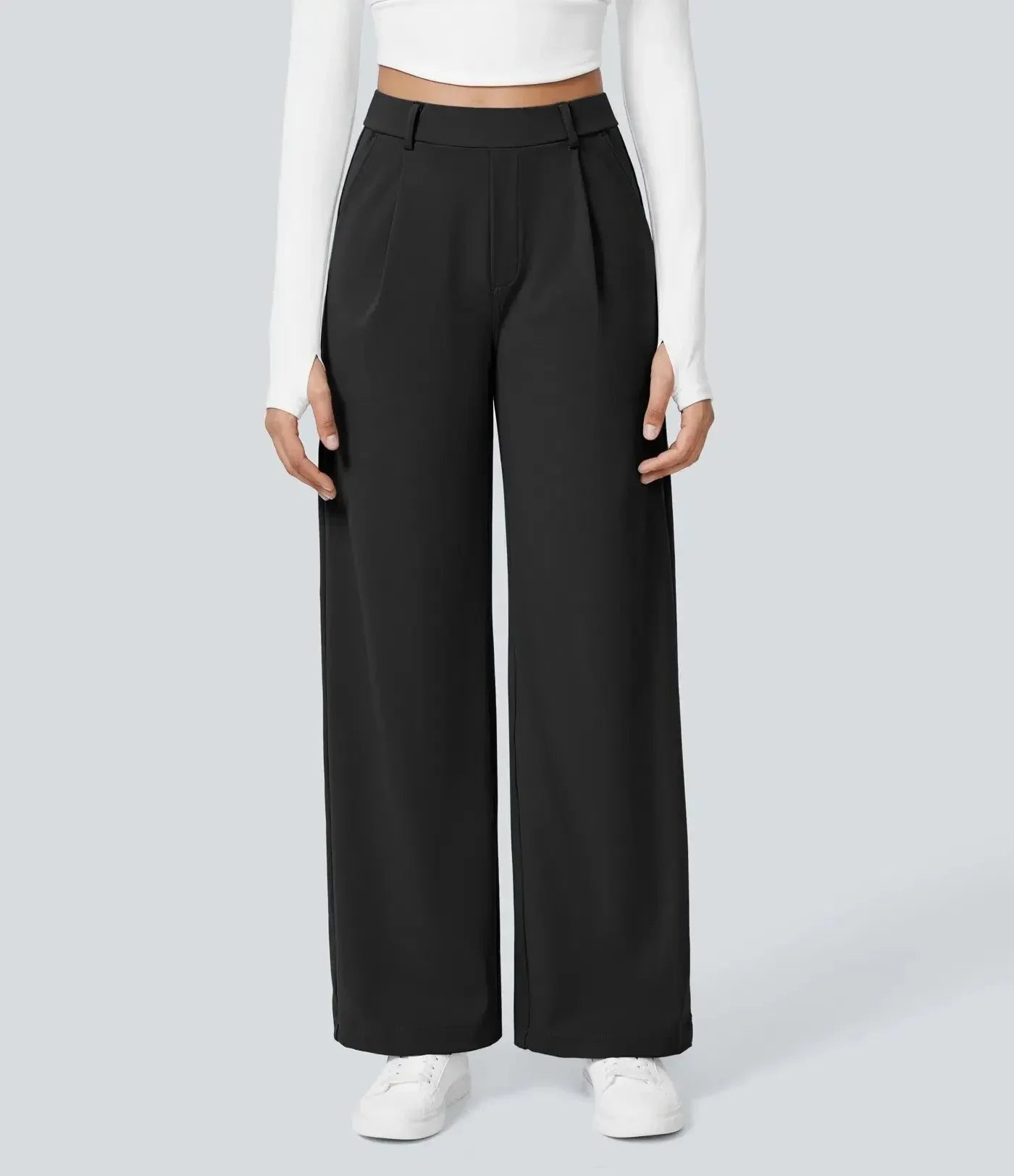 Black high-waist wide-leg trousers with fluid drape and elongating silhouette for polished versatility