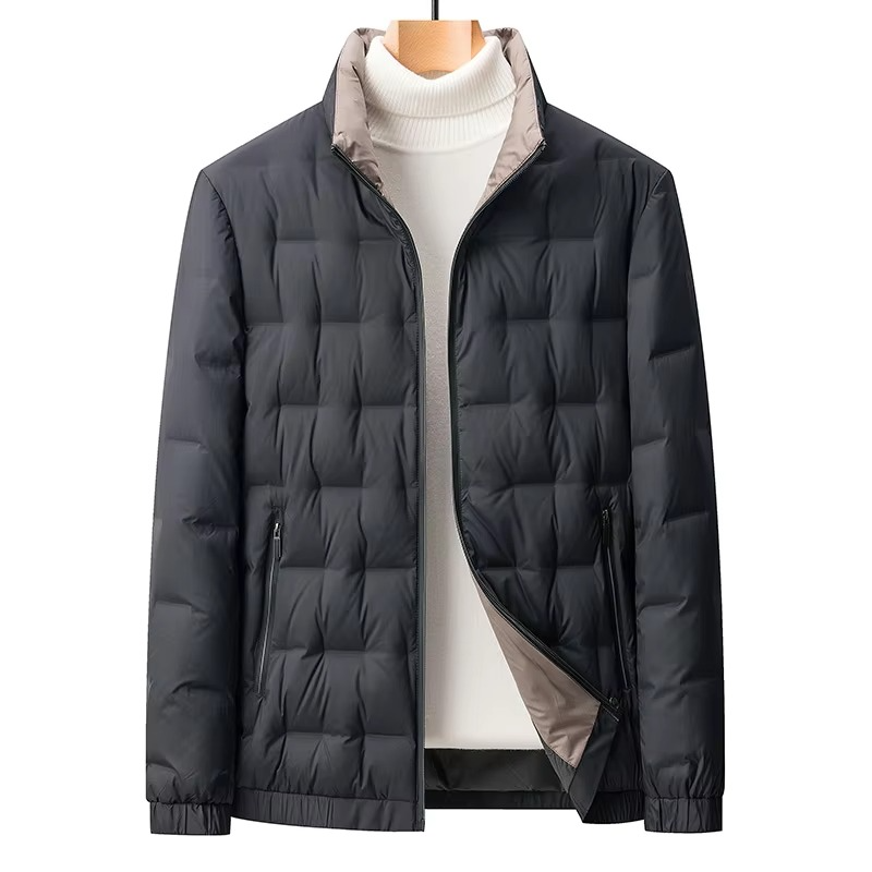 Men's slim fit goose down jacket stand collar lightweight black business puffer coat