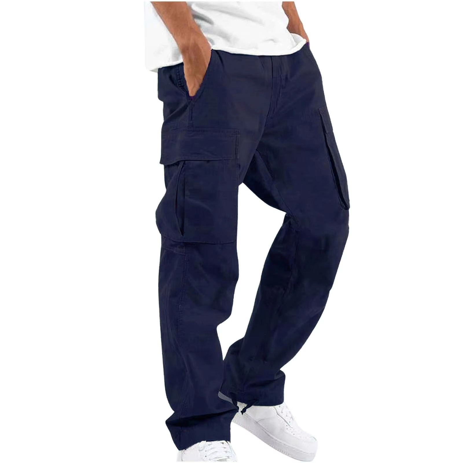 Men's solid cargo pants relaxed fit with multi-pocket design and adjustable drawstring waist