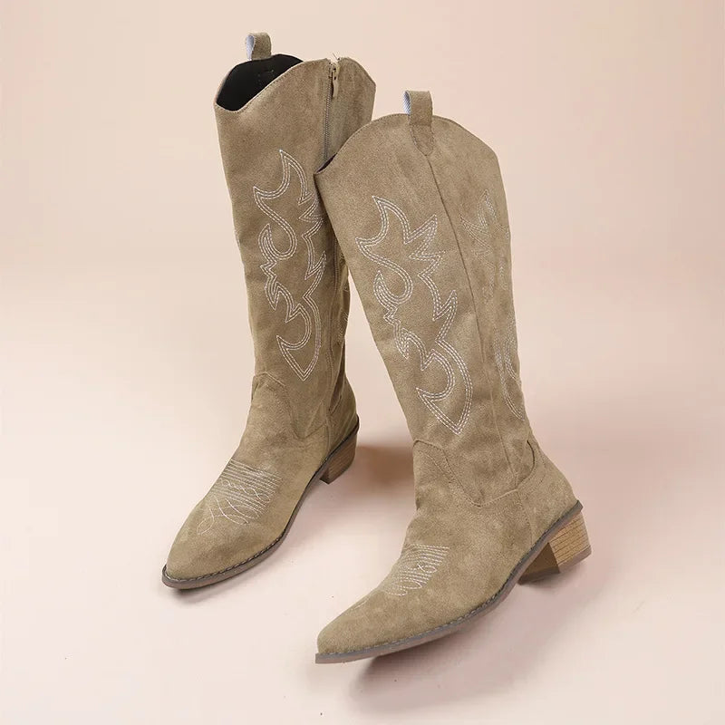 Women's mid-calf cowboy boots in suede texture with embroidered shaft and low heel Western style