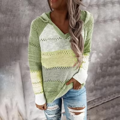Women's cozy patchwork hooded knit sweater in multicolor relaxed fit with striking colorblock panels