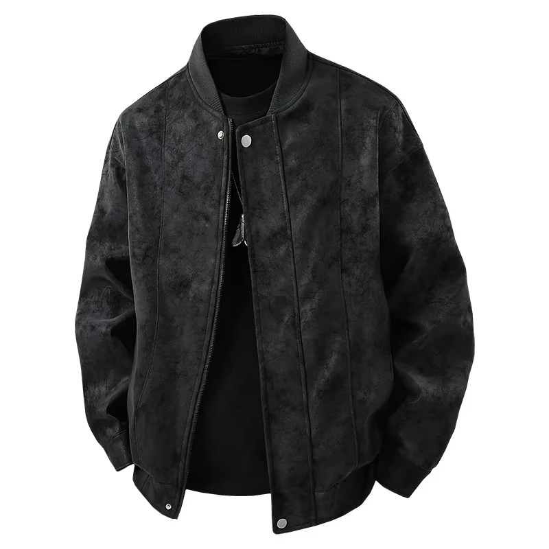 Men black faux leather bomber jacket Hong Kong streetwear slim waist-length breathable spring layer
