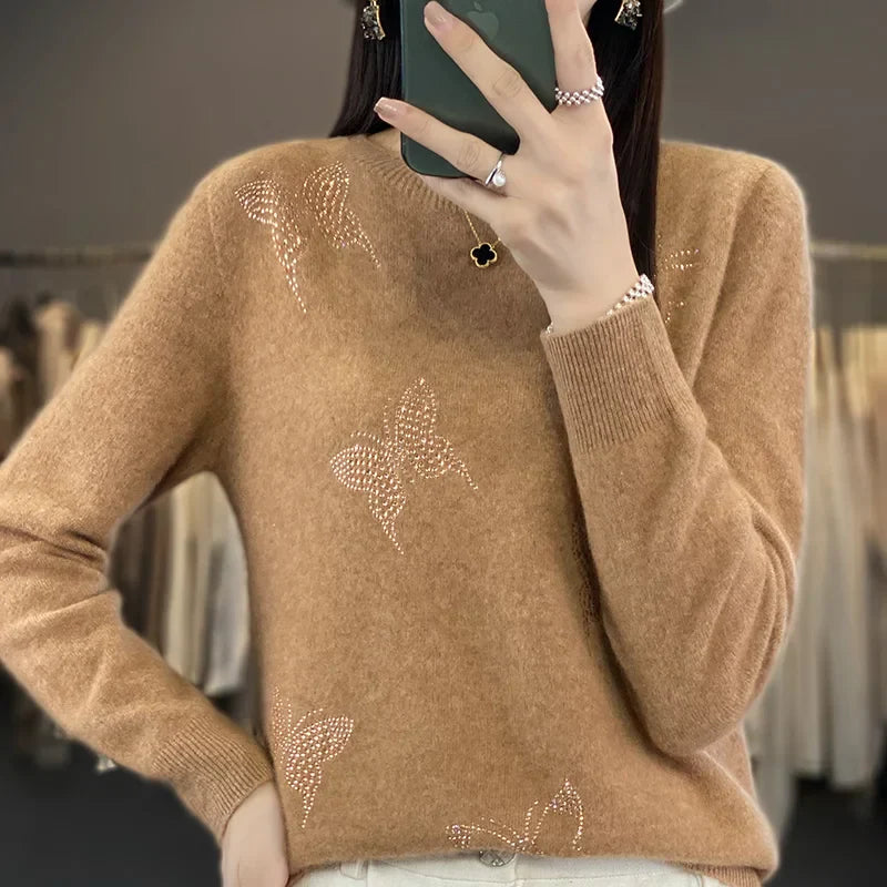 Odessa™ butterfly embellished cream relaxed-fit sweater with delicate feminine details
