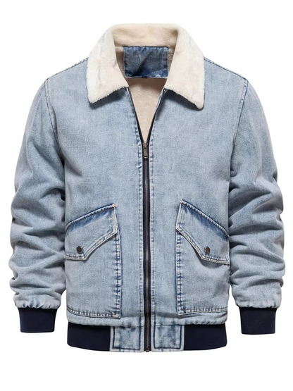Men's blue denim jacket fleece-lined with faux fur collar, rugged winter outerwear for cold weather