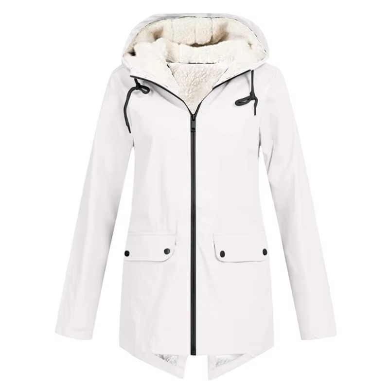Women's waterproof hooded trench coat in neutral tone, velvet-lined windbreaker with sleek all-weather silhouette