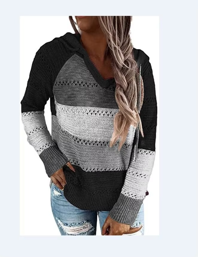 Women's multicolor patchwork hooded sweater relaxed fit acrylic knit blend cozy casual style