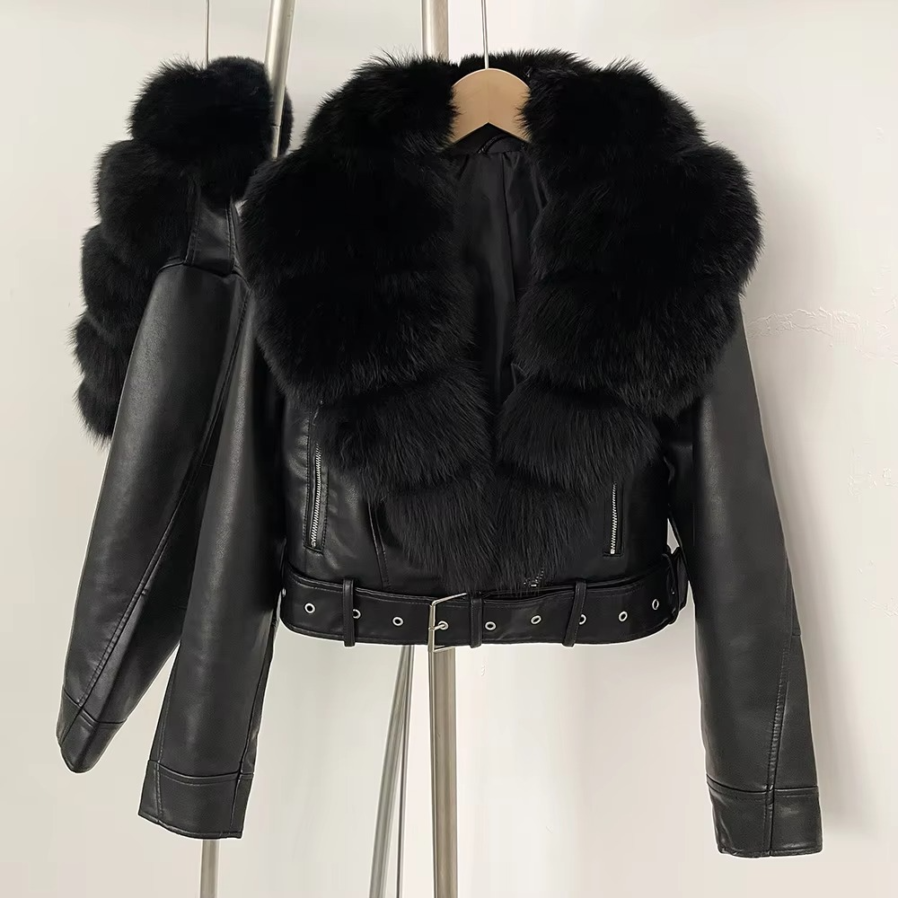 Women's black faux leather coat with plush faux fur collar, elegant winter style
