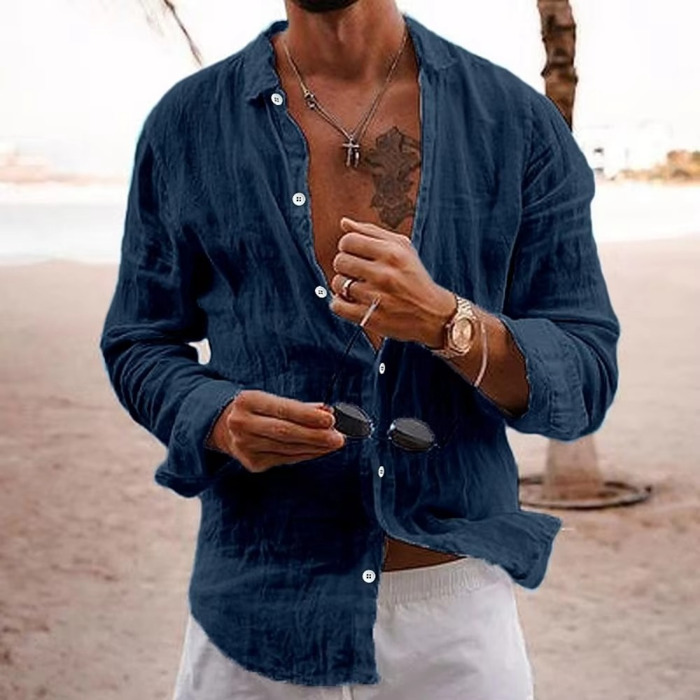 Men's white cotton linen casual shirt loose fit breathable lightweight for vacation everyday wear