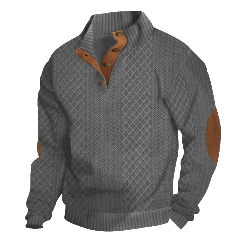 Men's jacquard knit sweater with standing collar, button front closure, long sleeve casual style