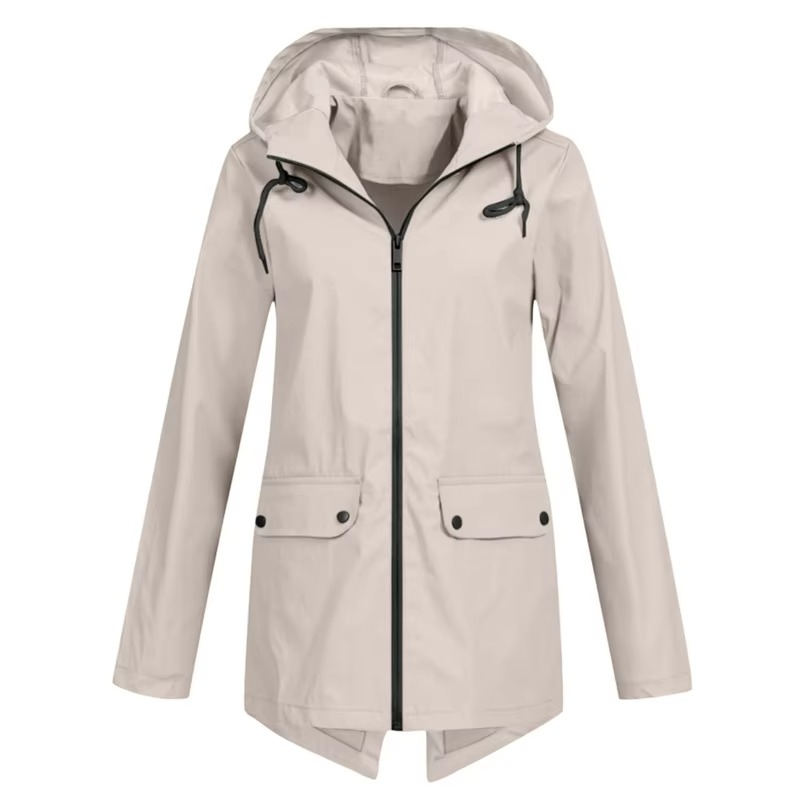 Women's waterproof hooded trench coat, velvet-lined windbreaker in neutral tone for winter