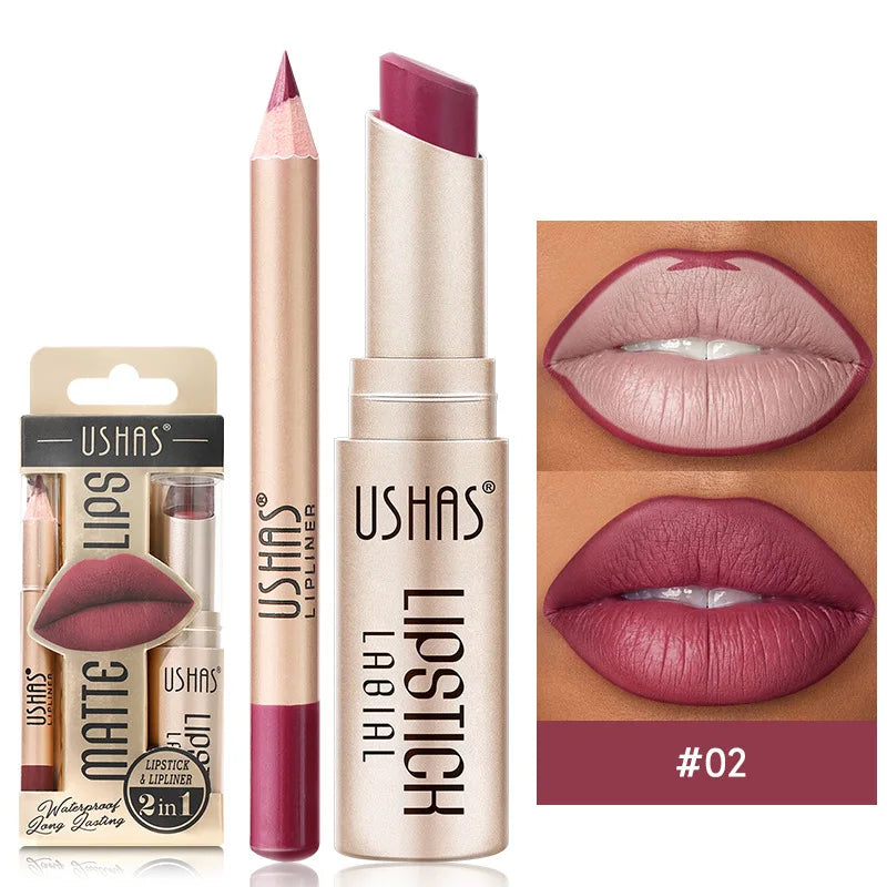 Dual-purpose matte lipstick and liner combo with precise sculpting tip for flawless long-lasting color