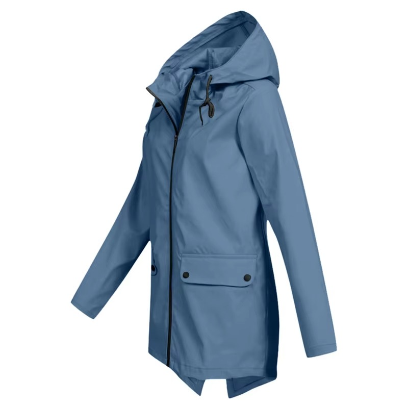 Women's waterproof hooded trench coat in neutral tone, velvet-lined windbreaker with belted waist