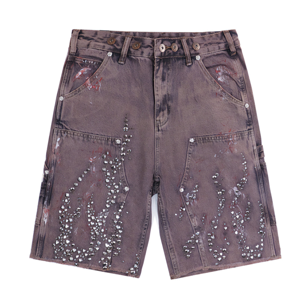 Blue denim wide-leg carpenter shorts with rhinestone flame embroidery and frayed hem