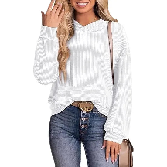 Women's light gray relaxed-fit casual hoodie with round neck and long sleeves for spring
