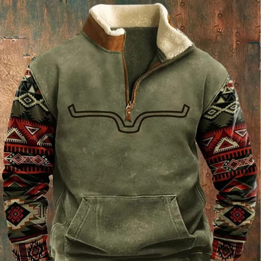Men's retro 3D printed hooded jacket with leather collar, bold street-style graphics for cold weather