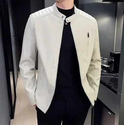 Men's slim fit black PU leather jacket with zippered pockets, lightweight urban street style coat
