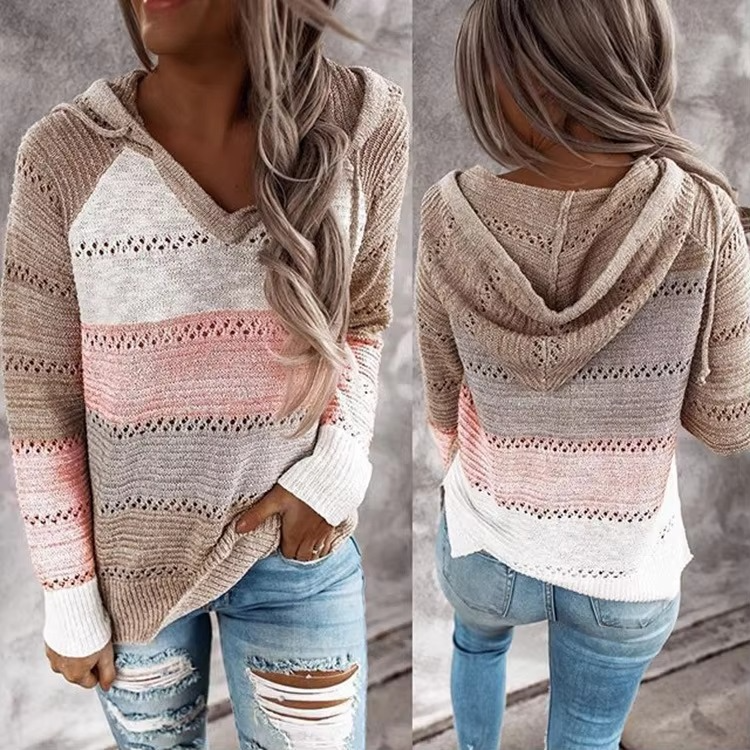 Women's multicolor patchwork hooded knit sweater, relaxed fit with cozy acrylic blend fabric