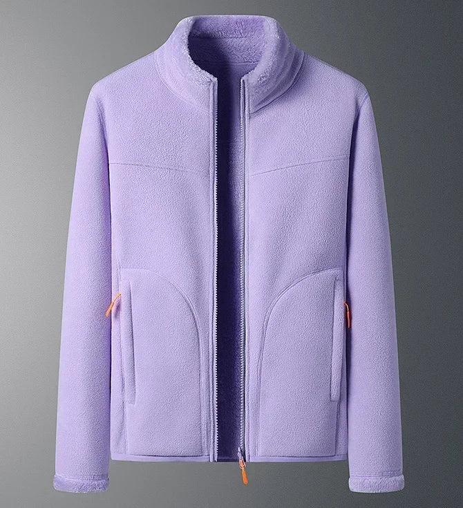 Women's classic stand collar zip winter jacket with warm plush faux shearling lining, timeless silhouette