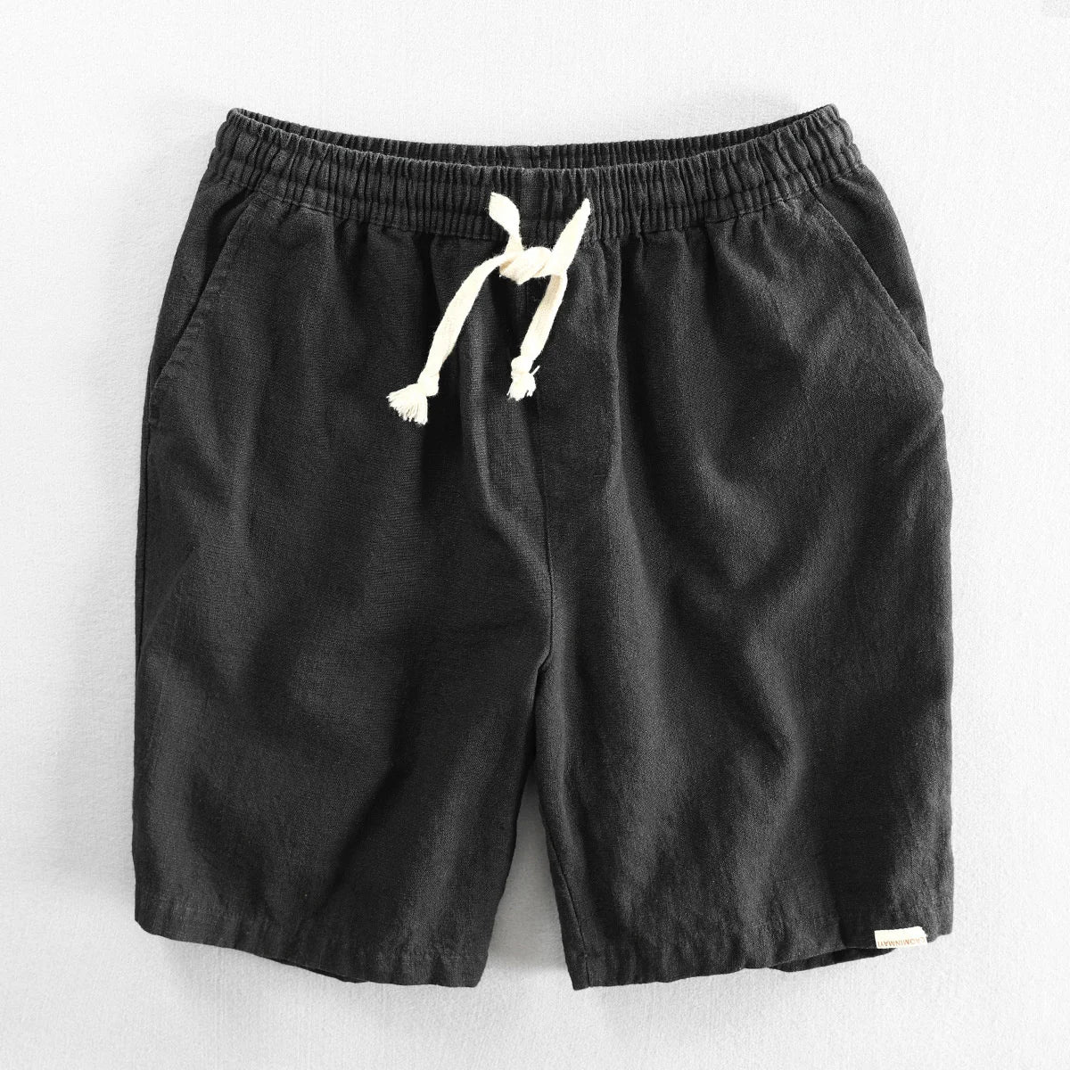 Men's beige cotton-linen tailored shorts with adjustable drawstring waist for summer style