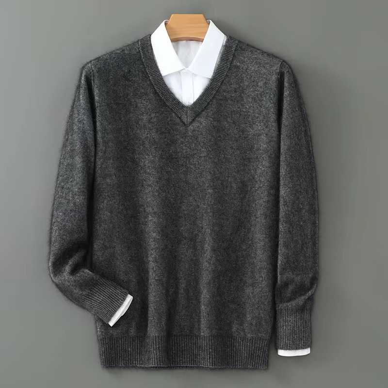 Men's cashmere blend V-neck pullover sweater, loose fit knit, lightweight warm plus size winter style