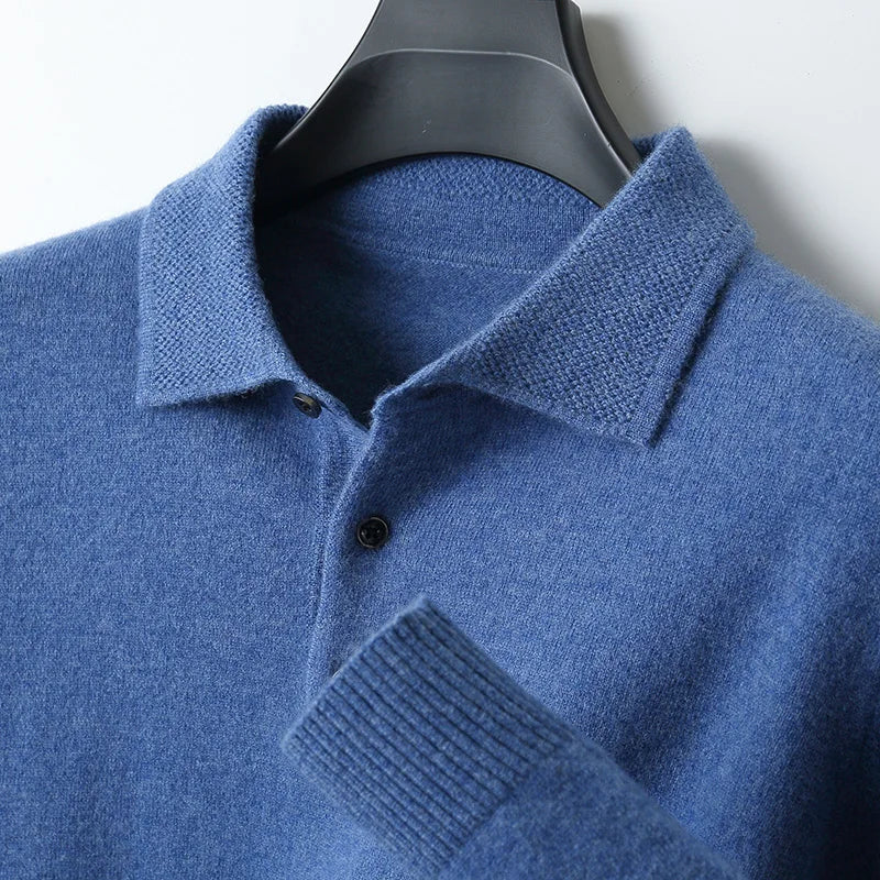 Men's loose fit merino wool polo shirt lightweight breathable classic collar natural warmth