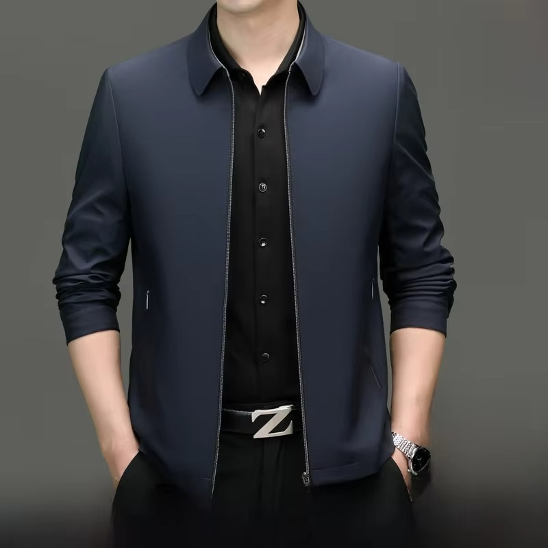 Men's silk blend loose fit jacket with straight hemline, polished style in neutral tone