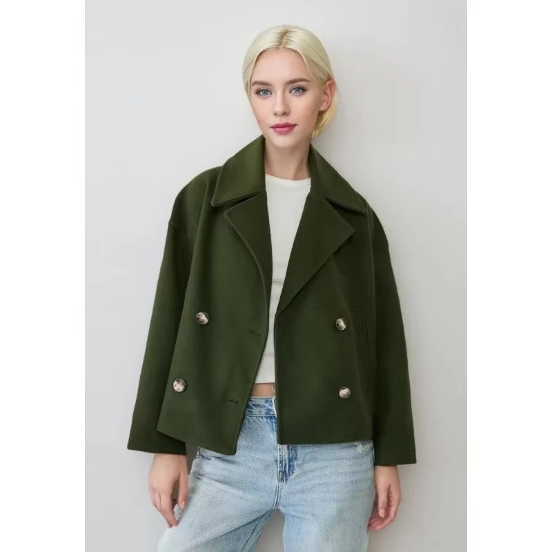 Women's camel wool blend coat double button front turn-down collar classic fall outerwear