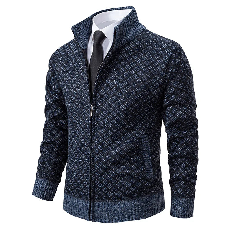 Men's dark navy tailored fit full-zip cardigan jacket with structured knit texture and polished finish