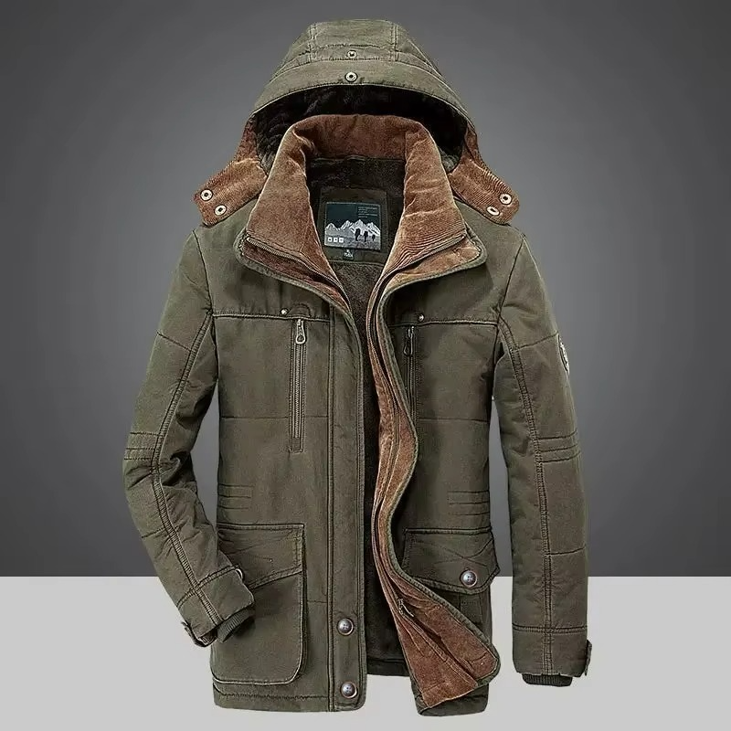 Men's dark winter parka jacket with thick fleece lining, rugged hooded cut for commuters and hikers