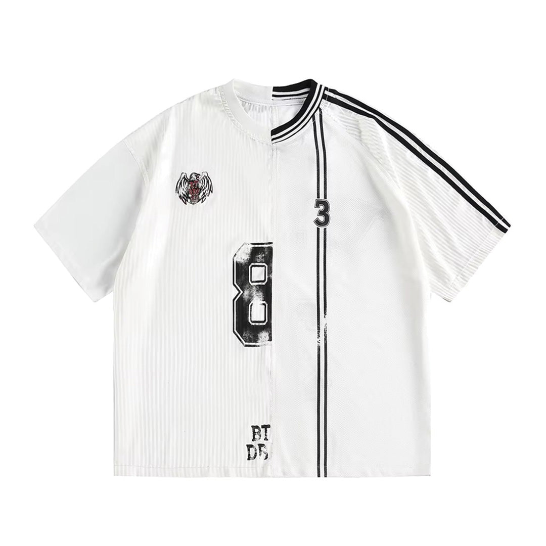 Graphic cotton jersey with contrast panelling, embroidery detail, O-neck, regular fit, vintage-inspired symmetry