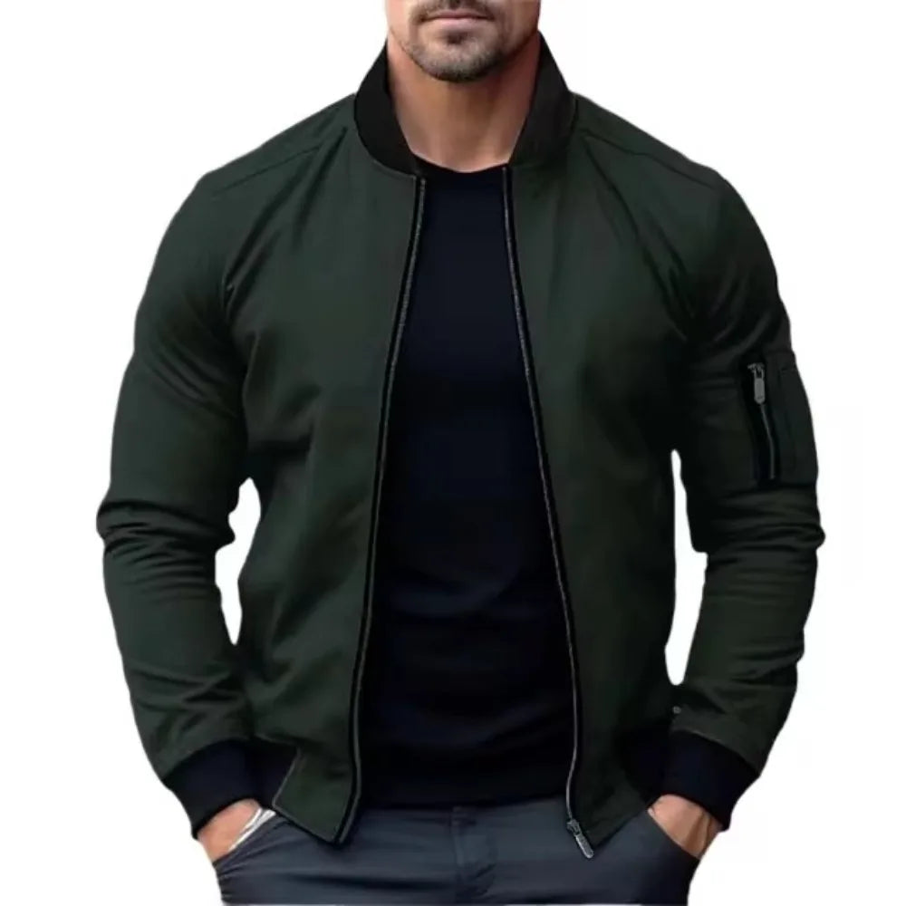 Men's black bomber jacket slim tapered fit windproof shell with durable zipper and soft interior lining