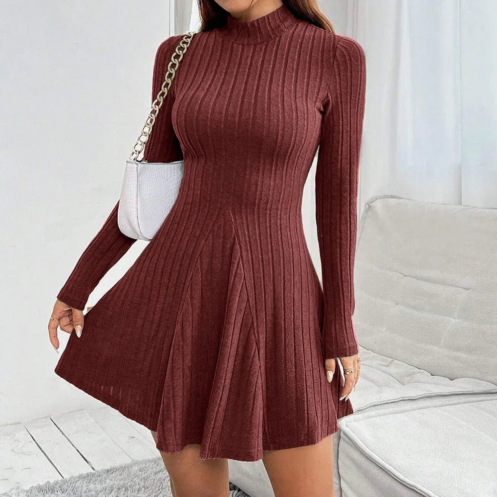 Vivienne Renée burgundy soft corduroy high-waisted A-line dress with ribbed stretch fabric