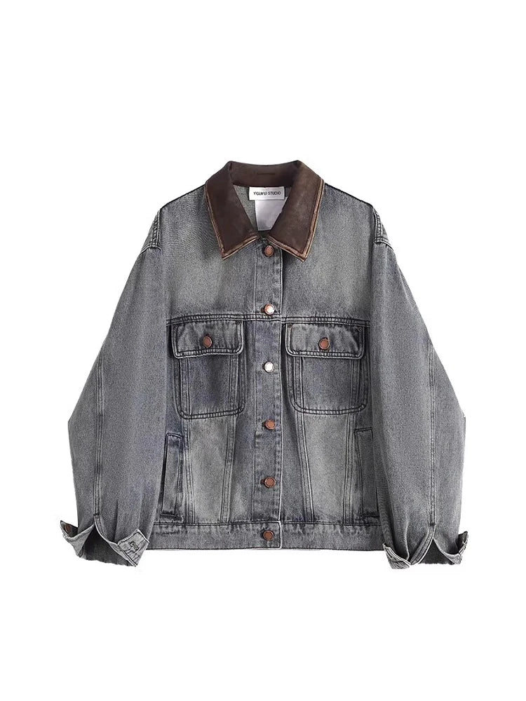 Gray wash denim trucker jacket oversized fit with coffee corduroy collar and metal buttons