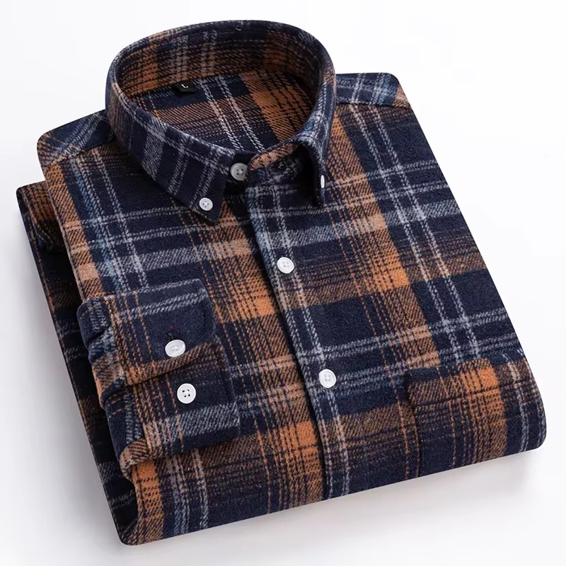 Men's plus size plaid long sleeve shirt in 7XL cotton blend with single chest pocket