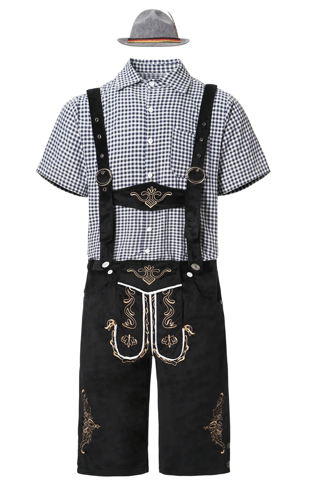 Men's brown faux suede lederhosen traditional fit adjustable suspenders embroidered Bavarian knee length
