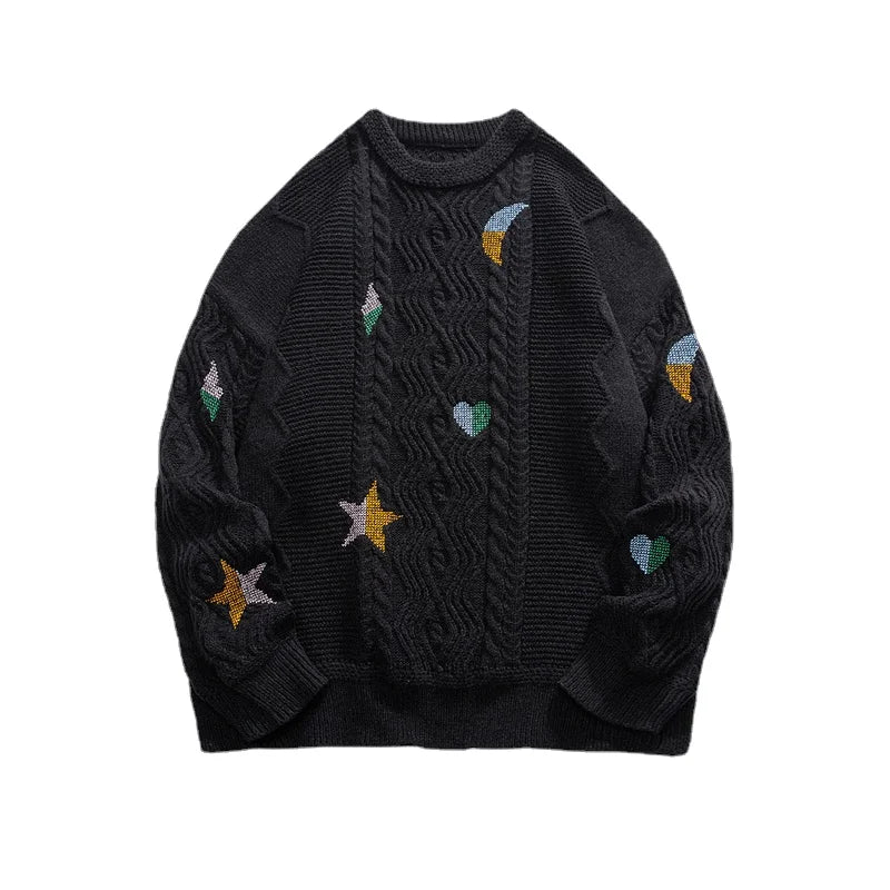 Men's heavyweight knit crew neck sweater relaxed fit with intricate embroidery subtle astral projection detail