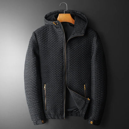 Black micro-quilted hooded jacket with embossed pattern and gold-plated hardware, lightweight casual fit