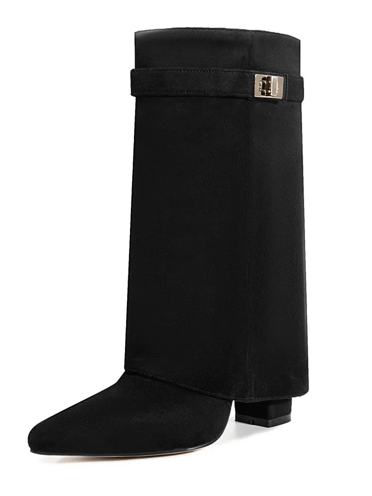 Black leather thigh-high boots with statement buckle detail, slim sculpted silhouette for women