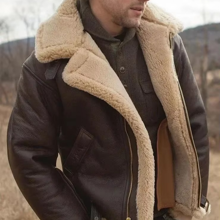 Men's black faux leather winter coat with warm lining, modern slim fit, and zippered pockets
