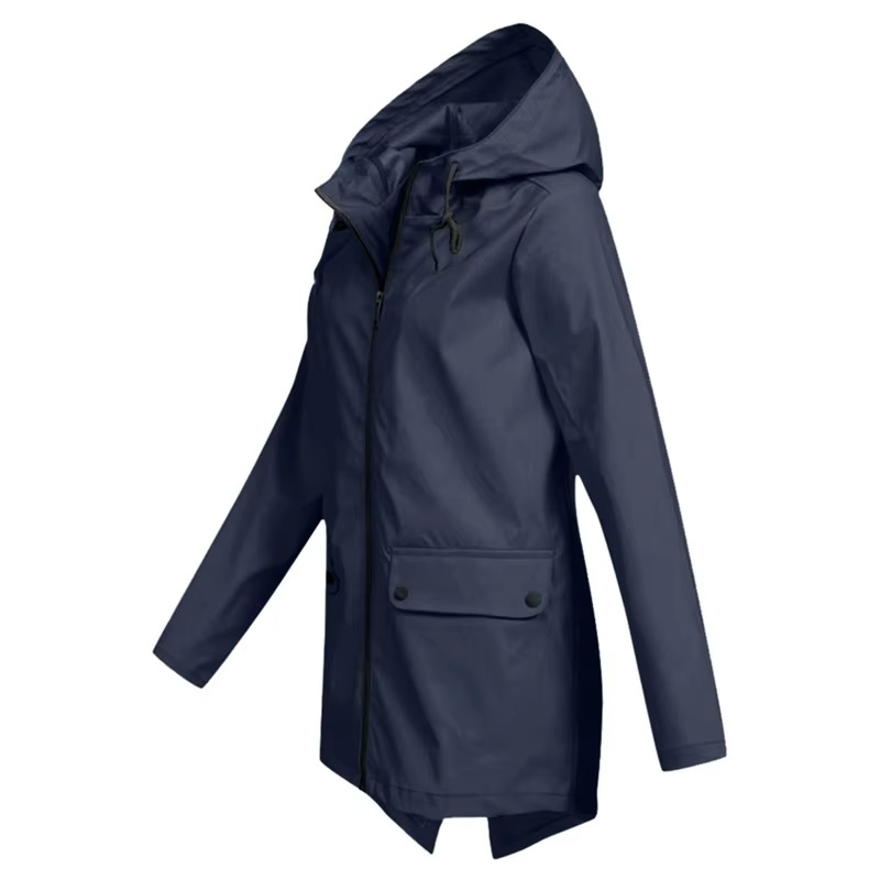 Women's waterproof hooded trench coat in classic hue, velvet-lined windbreaker with belted waist